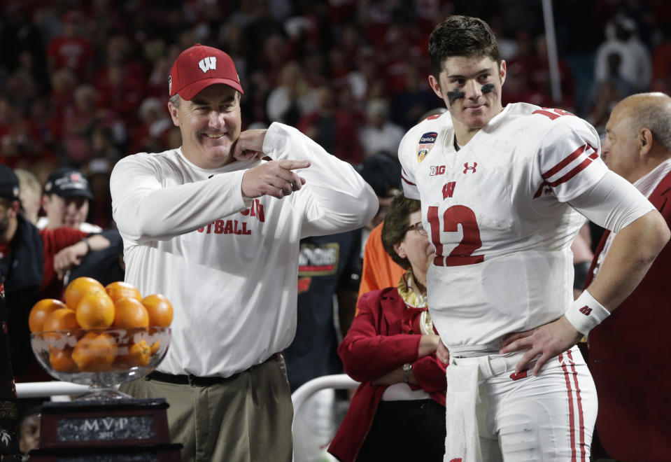 Wisconsin coach Paul Chryst was able to land QB recruit Chase Wolf despite a contentious relationship with Wolf’s high school coach. (AP Photo/Lynne Sladky)