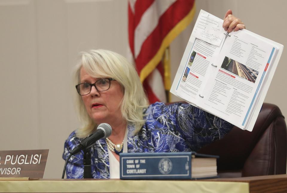 Town of Cortlandt Supervisor Linda Puglisi holds up a copy of the town's Master Plan as she expresses her feelings on the proposed medically oriented district being too large during a public hearing at Cortlandt Town Hall Jan. 14, 2020.