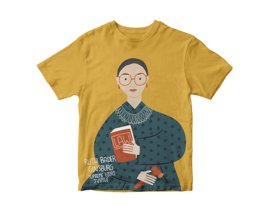 This product image shows RBG T-shirt showing her with a gavel and a law book, available at Piccolinakids.com. Prices range from $28 to $36. (Piccolina via AP)