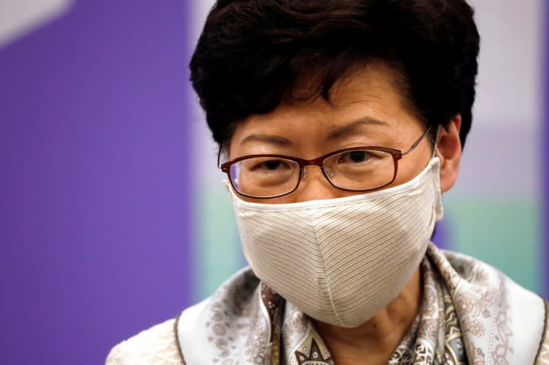 Hong Kong Chief Executive Carrie Lam holds a news conference in Beijing