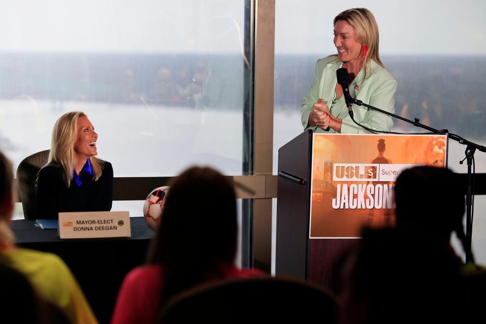 President Amanda Vandervort, right, of the USL Super League, smiles at Mayor-elect Donna Deegan during a press conference June 23, 2023 about the announcement of the city being part of the newly-formed women's professional soccer organization. Two teams in the new league will begin play in Arizona next summer.