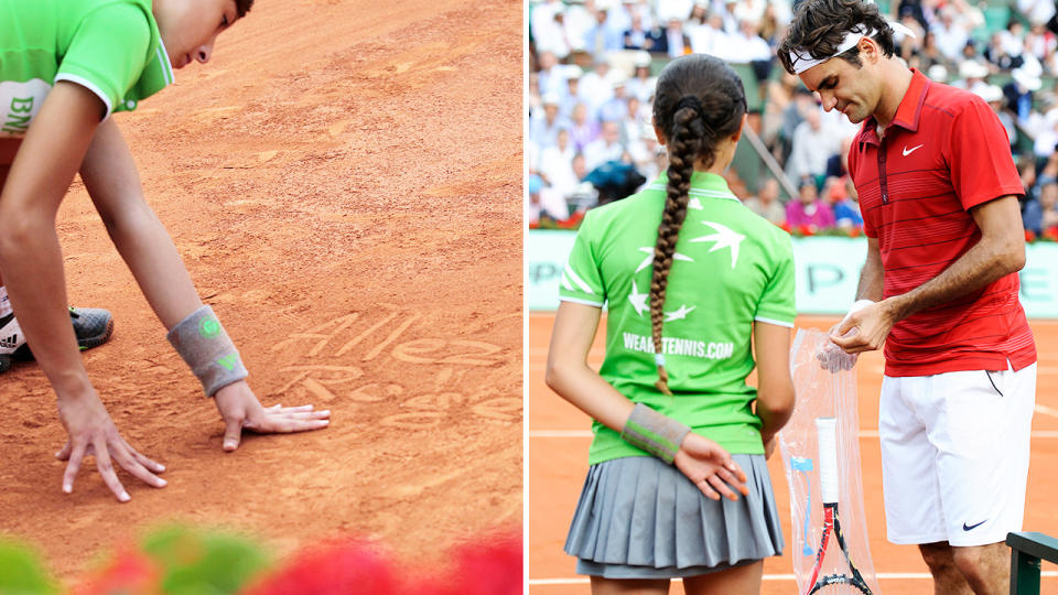 La fille de balle, photographiée ici en train d'écrire 'Allez Roger'  pour Federer lors de la finale de Roland-Garros en 2011.