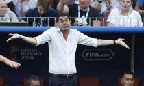<p>Spain head coach Fernando Hierro gestures what we are all thinking of the second half: When will Spain create a genuine chance? </p>