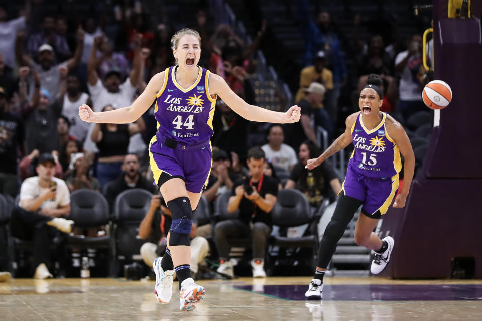 LOS ANGELES, CALIFORNIA - AUGUST 29: Guard Karlie Samuelson #44 of the Los Angeles Sparks reacts to her basket in the second half against the Chicago Sky at Crypto.com Arena on August 29, 2023 in Los Angeles, California. NOTE TO USER: User expressly acknowledges and agrees that, by downloading and or using this Photograph, user is consenting to the terms and conditions of the Getty Images License Agreement. (Photo by Meg Oliphant/Getty Images)