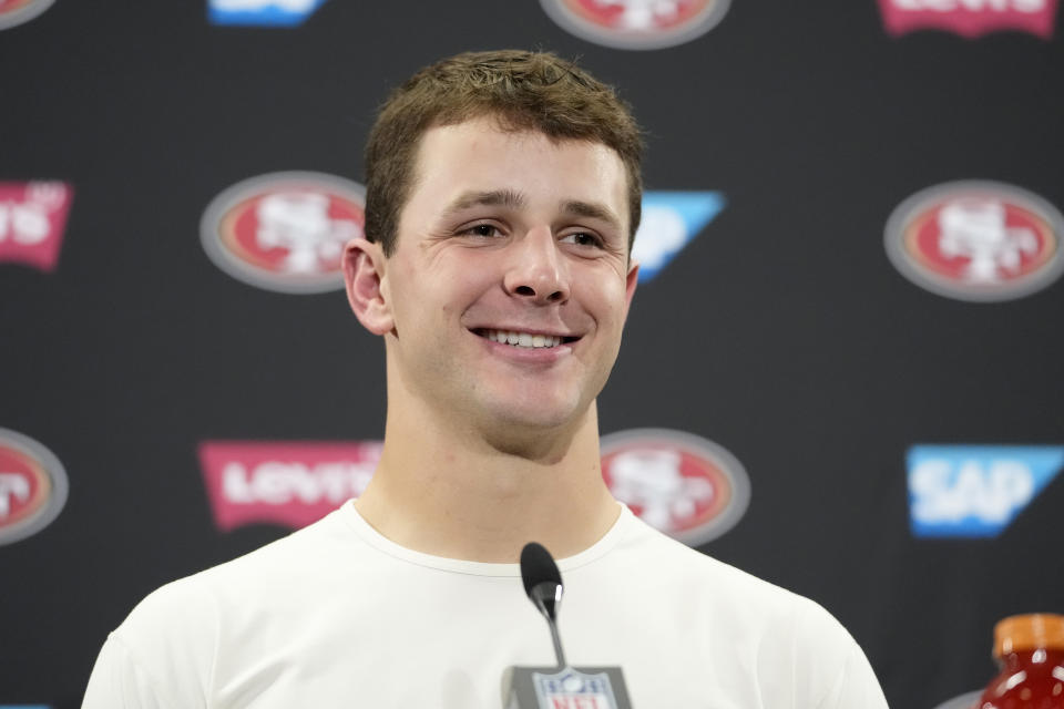 San Francisco 49ers quarterback Brock Purdy speaks at a news conference after an NFL divisional playoff football game against the Dallas Cowboys in Santa Clara, Calif., Sunday, Jan. 22, 2023. (AP Photo/Godofredo A. Vásquez)