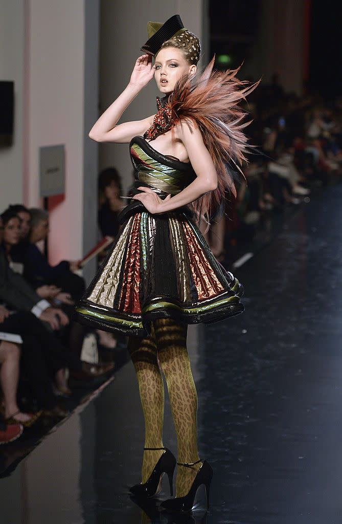 <p>Lindsey Wixson presents a creation by Jean Paul Gaultier during the Haute Couture Fall-Winter 2013/2014 collection show in Paris. (Photo: MIGUEL MEDINA/AFP/Getty Images) </p>