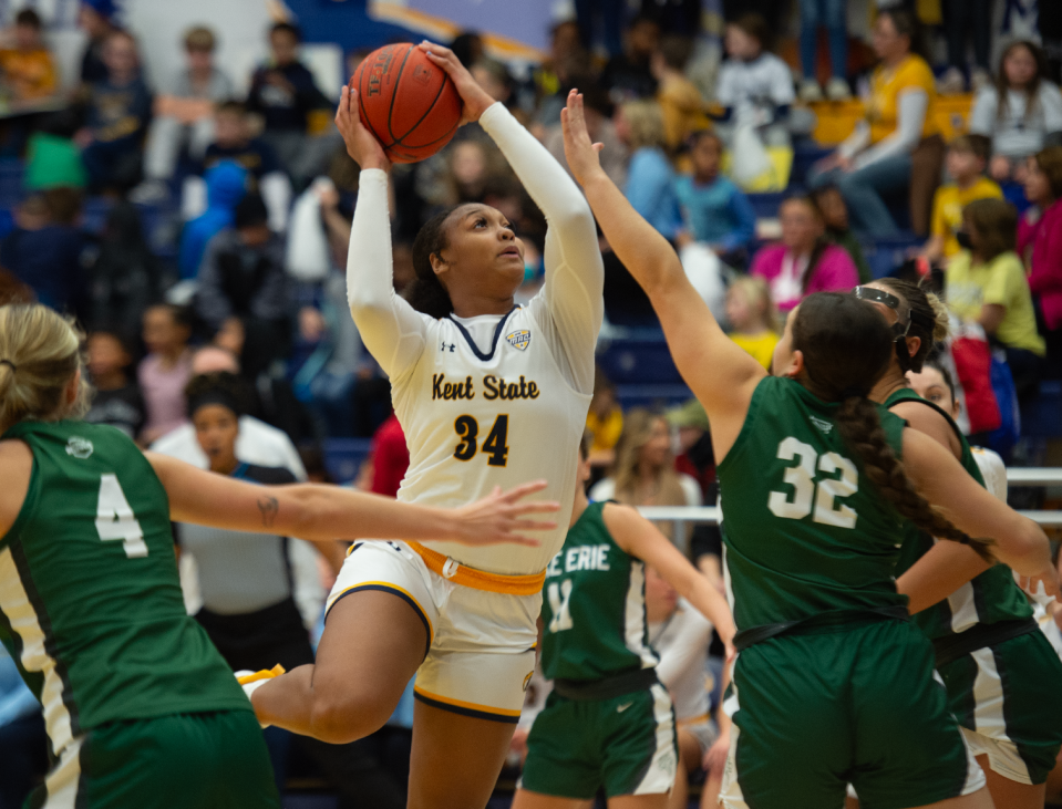 Kent State's Janae Tyler takes a shot as Lake Erie's Sophie Chipps defends on Dec. 19, 2023, in Kent.