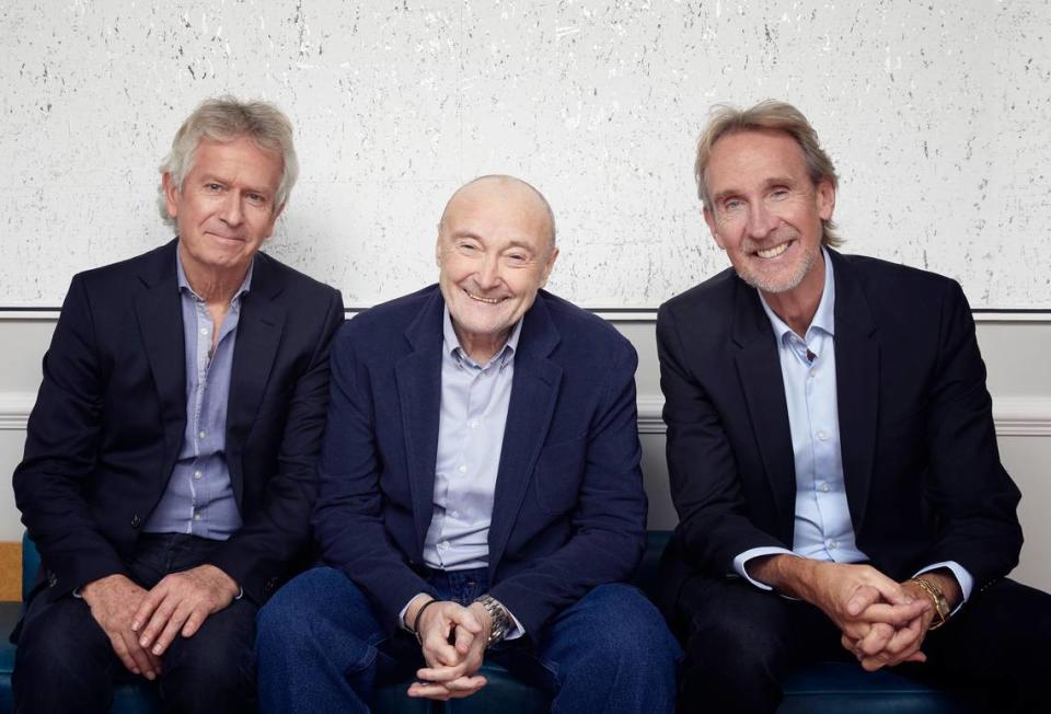 Genesis, featuring from left, Tony Banks, Phil Collins and Mike Rutherford will play the band’s first show in Raleigh, N.C. November 19, 2021 at PNC Arena.