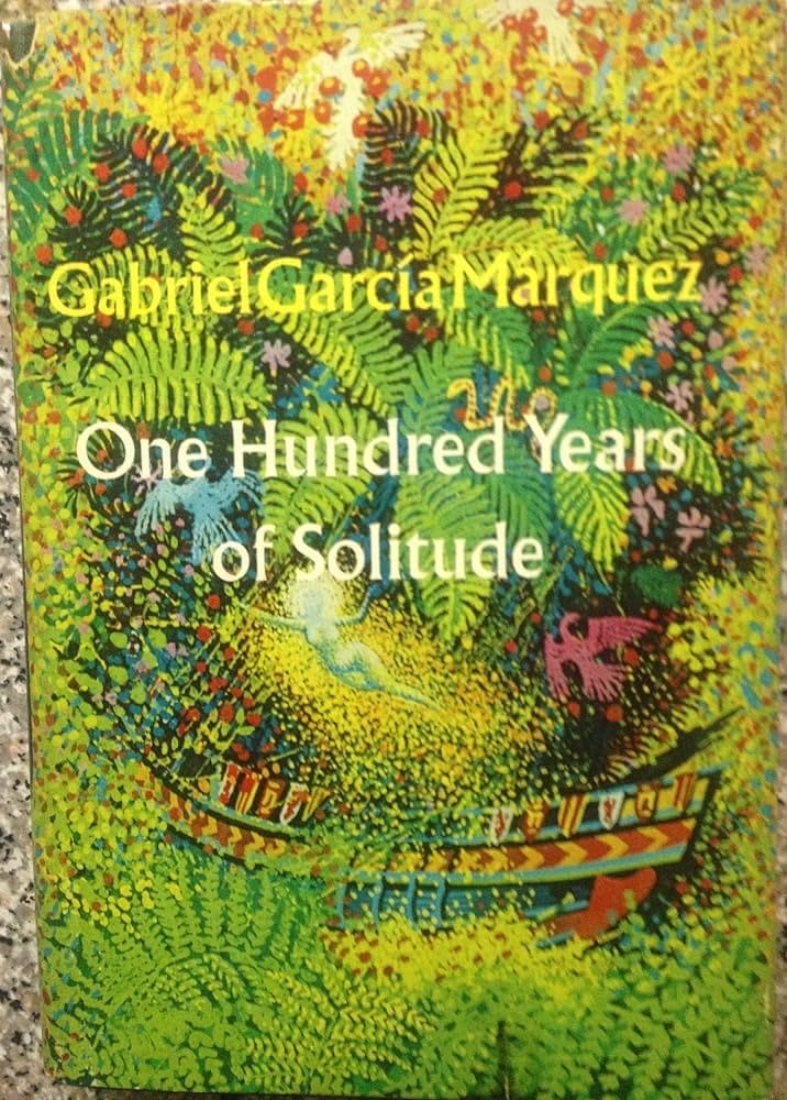 Cover of "One Hundred Years of Solitude" by Gabriel García Márquez with vivid, intricate jungle illustration