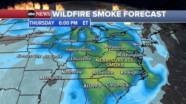 PHOTO: Smoke from Canadian wildfires will linger from Detroit to Atlanta and east to Washington, D.C. and Philadelphia by the afternoon of June 29, 2023. (ABC News)