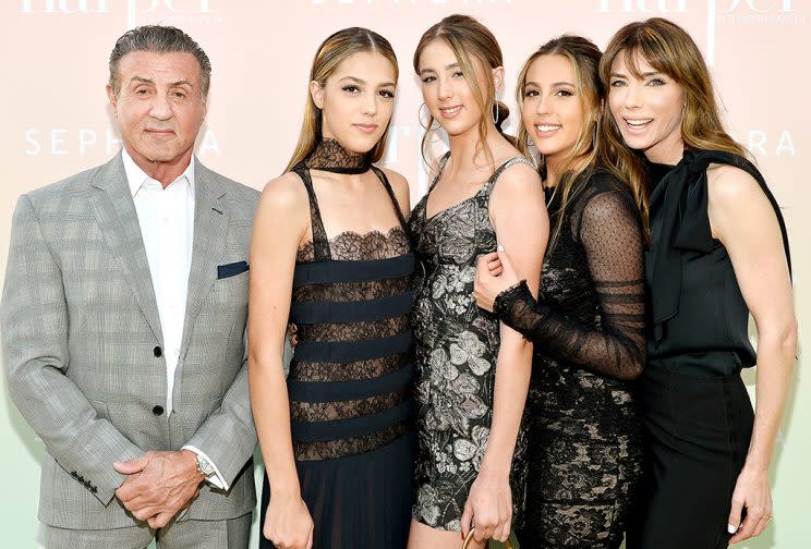 Sylvester Stallone and his ladies &#x002014; Sistine Stallone, Scarlet Stallone, Sophia Stallone, and Jennifer Flavin.
