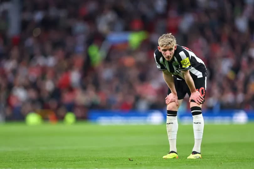 Anthony Gordon of Newcastle United during the Premier League match between Manchester United and Newcastle United at Old Trafford on May 15, 2024 in Manchester, England.