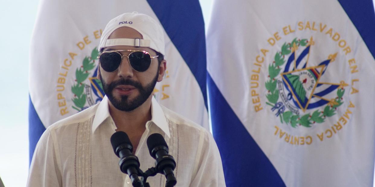 President of El Salvador Nayib Bukele speaks during the inauguration of the ISA World Surfing Games 2021 on May 29, 2021 in La Libertad, El Salvador.