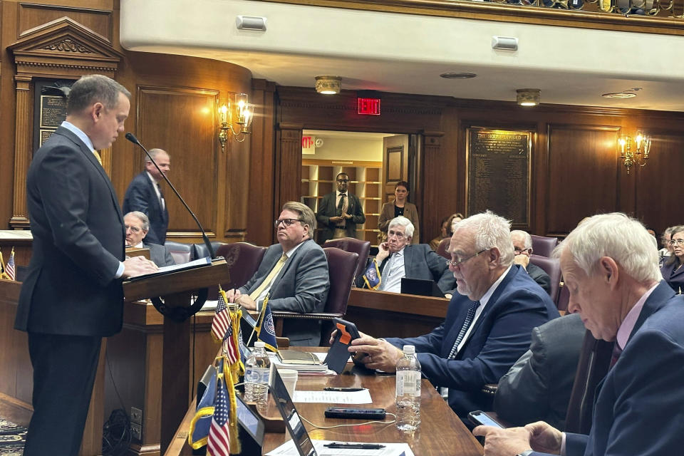 Indiana state Rep. Chris Jeter asks lawmakers to support House Bill 1002, which defines antisemitism and bans its teaching at Indiana schools, Thursday, Jan 18, 2024, in Indianapolis. The bill was passed unanimously and now advances to the state Senate. (AP Photo/Isabella Volmert)