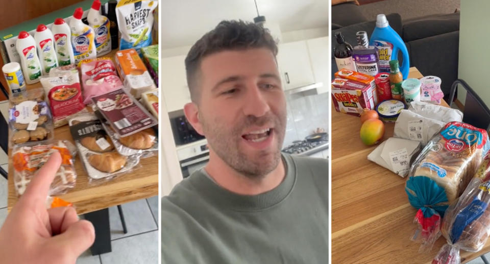 Composite of Aldi groceries on a table, A TikTok user, and Woolworths groceries on a table.
