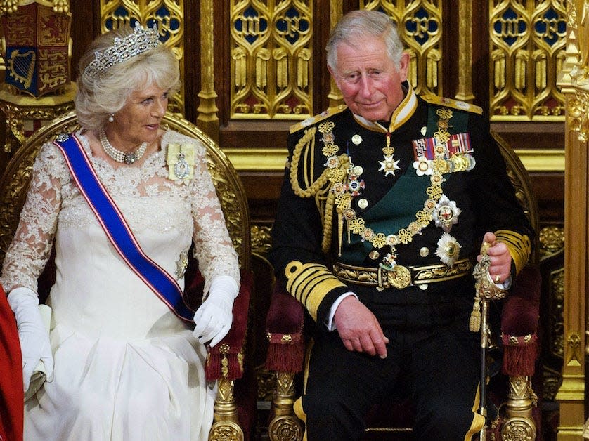 Camilla Parker Bowles, Prince Charles, Queen Elizabeth, and Prince Philip at the 2013 State Opening of Parliament.