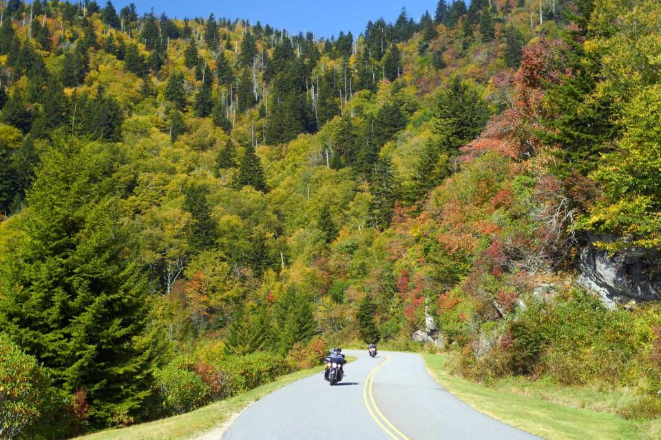 Motorcyclists on Blue Ridge Parkway in Autumn