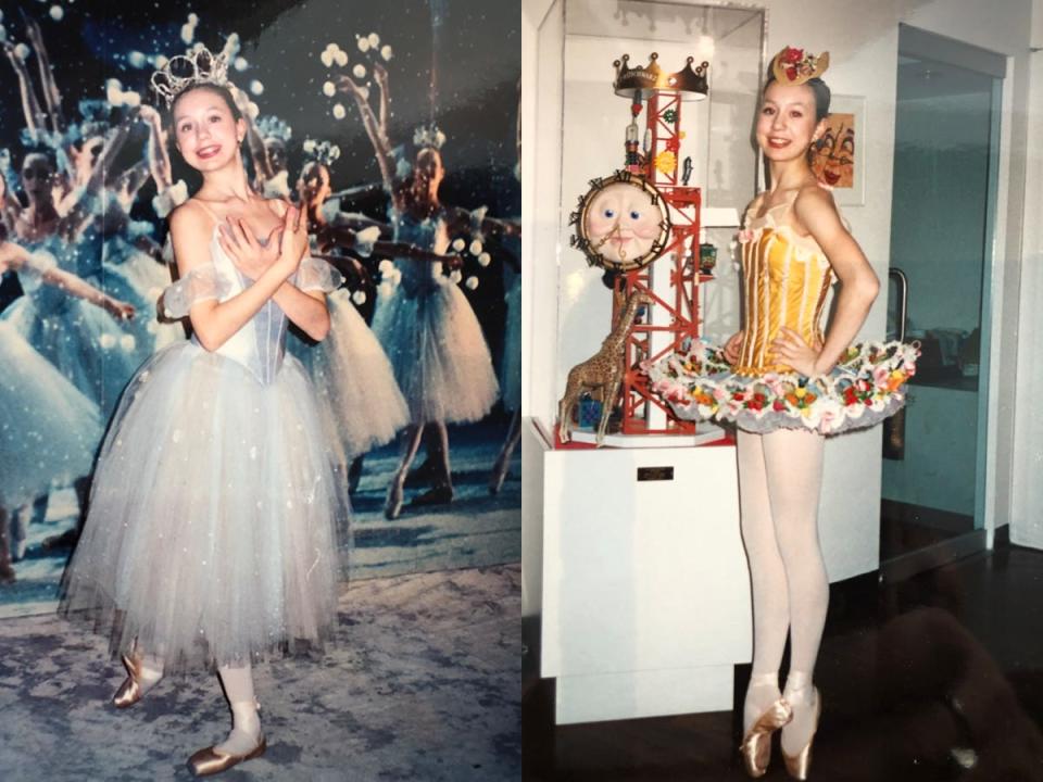 The writer in a ballet production in a white dress and pointe shoes; The writer in a yellow costume with a floral tutu wearing pointe shoes