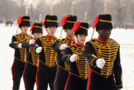 LONDON, ENGLAND - FEBRUARY 06: Members of the King's Troop Royal Horse Artillery prepare to fire a 41 gun salute in Hyde Park to mark the 60 anniversary of the accession of Her Majesty Queen Elizabeth II on February 6, 2012 in London, England. The 41 gun salute also signifies the official start to the celebrations for the Queen's Diamond Jubilee and comes after the King's Troop left their barracks in St John's Wood for the final time. The King's Troop Royal Horse Artillery will relocate from their North London barracks, where they have been based since their formation by King George VI in 1947, to a purpose-built equestrian site in Woolwich. (Photo by Oli Scarff/Getty Images)