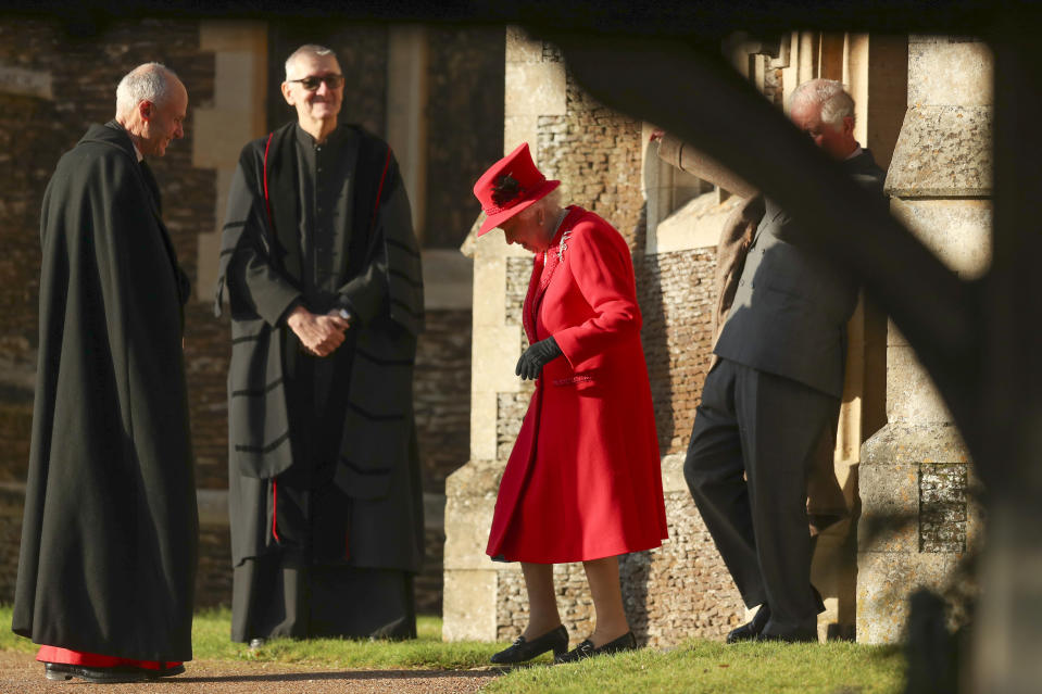 Britain's Queen Elizabeth II arrives to attend the Christmas day service at St Mary Magdalene Church in Sandringham in Norfolk, England, Wednesday, Dec. 25, 2019. (AP Photo/Jon Super)