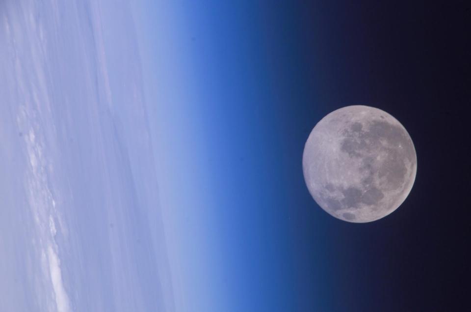 A brilliant full moon shines over Earth in this NASA file photo taken by astronauts aboard the International Space Station in 2005. The November 2017 full moon occurs Saturday (Nov. 4) at 1:22 a.m. EDT (0522 GMT). <cite>NASA</cite>
