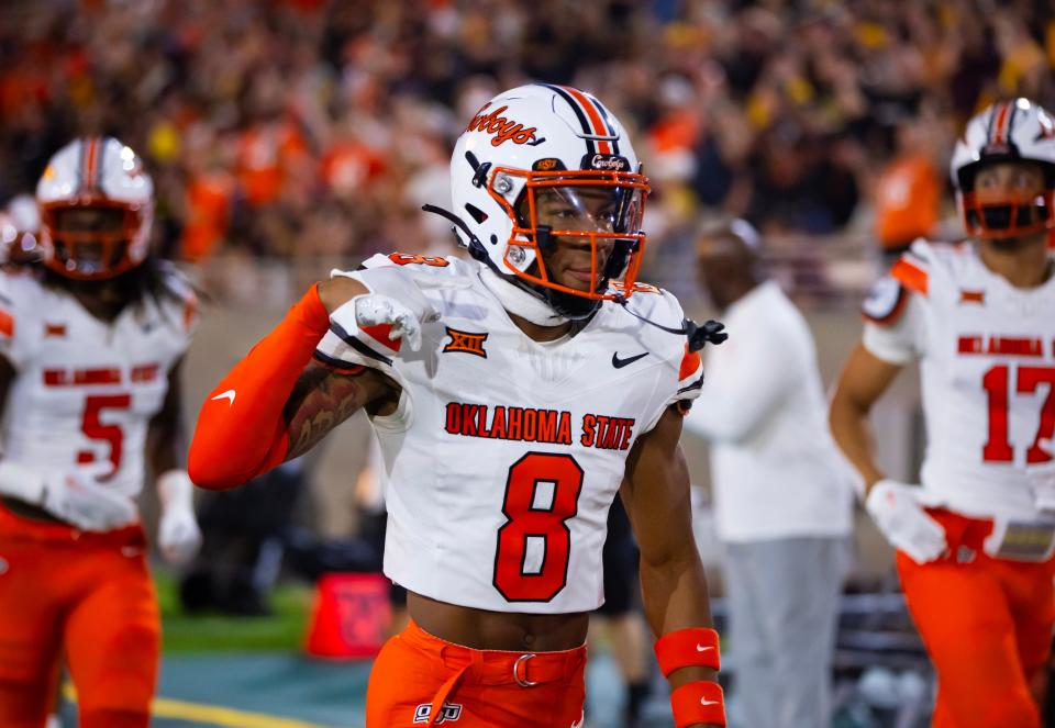 September 9, 2023; Tempe, Arizona, USA; Oklahoma State Cowboys cornerback DJ McKinney (8) against the Arizona State Sun Devils at Mountain America Stadium. Mandatory Credit: Mark J. Rebilas-USA TODAY Sports