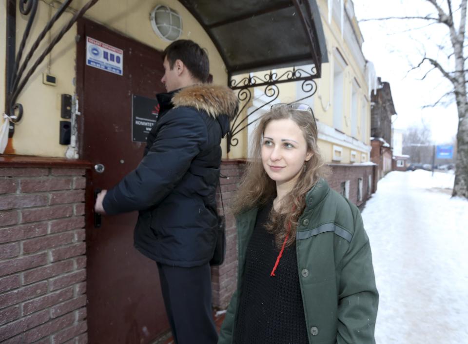 Alyokhina and her lawyer Zaikin arrive at the offices of Committee Against Torture after her release from a penal colony in Nizhny Novgorod