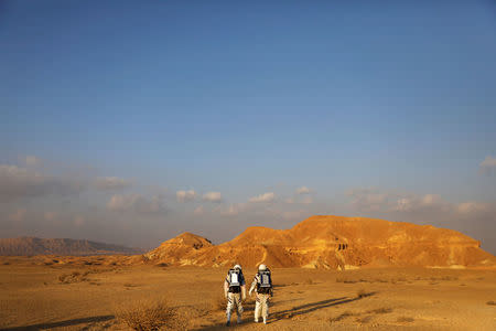 Israeli scientists participate in an experiment simulating a mission to Mars, at the D-MARS Desert Mars Analog Ramon Station project of Israel's Space Agency, Ministry of Science, near Mitzpe Ramon, Israel, February 18, 2018. REUTERS/Ronen Zvulun