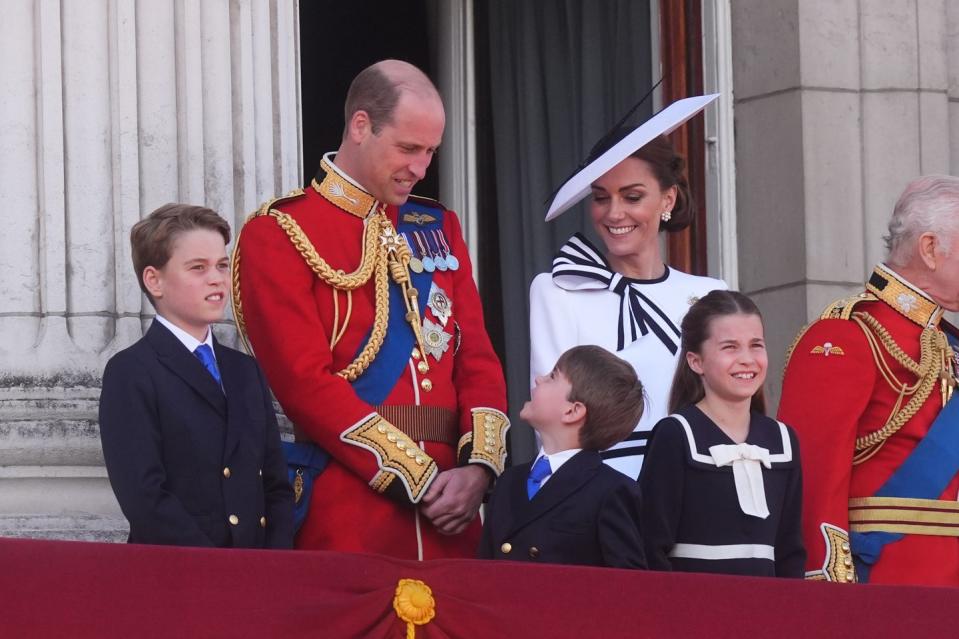 prince george, the prince of wales, prince louis, the princess of wales and princess charlotte on the balcony of buckingham palace, london, to view the flypast following the trooping the colour ceremony in central london, as king charles iii celebrates his official birthday picture date saturday june 15, 2024 photo by james manningpa images via getty images