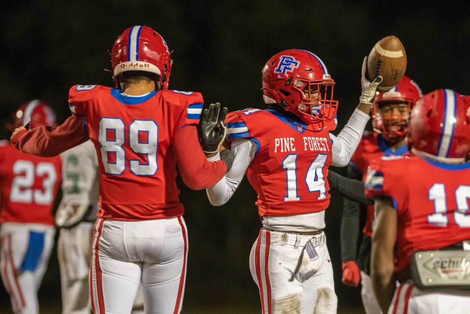 Pine Forest's Donielle Hayes celebrates a touch down during the FHSAA State Championship playoff game at Pine Forest High School Fridday, November 18, 2022. Chocktaw went on to defeat Pine Forest 30-29.