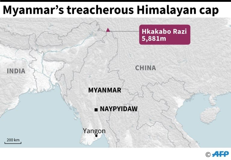 Map showing Hkakabo Razi, a 5,881m peak in the northern tip of Myanmar