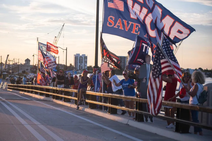 A crowd of supporters of former president Donald Trump on Nov. 15, 2022, in West Palm Beach, Fla.