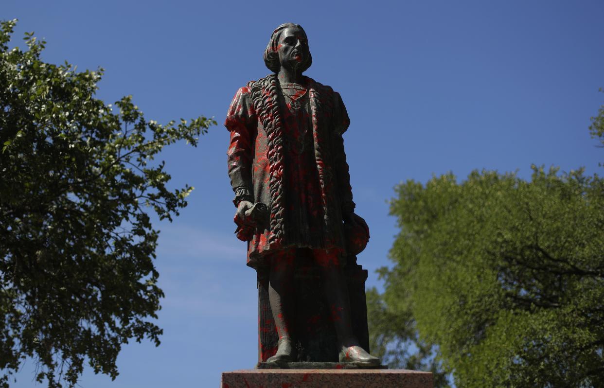 A statute of Christopher Columbus was discovered vandalized with red paint in San Antonio, Texas on Thursday, June 25, 2020. The San Antonio City Council has been considering moving the statue to another location.