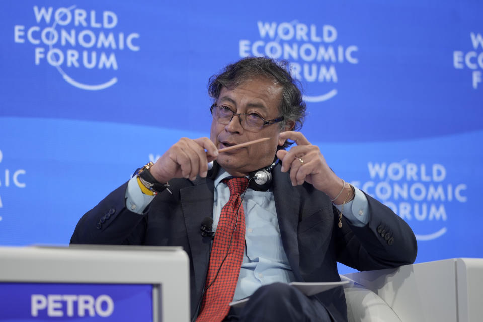 President of Colombia Gustavo Francisco Petro Urrego talks on a podium at the World Economic Forum in Davos, Switzerland, on Wednesday, Jan. 18, 2023. The annual meeting of the World Economic Forum is taking place in Davos from Jan. 16 until Jan. 20, 2023. (AP Photo/Markus Schreiber)