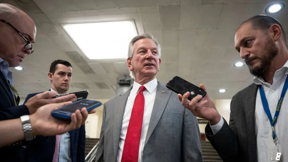 PHOTO: Sen. Tommy Tuberville speaks to reporters in the Senate subway at the U.S. Capitol July 10, 2023 in Washington, DC. (Drew Angerer/Getty Images)