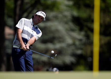 Bubba Watson hits his third shot at the 18th green during the first round of The Barclays at Plainfield Country Club. Eric Sucar-USA TODAY Sports