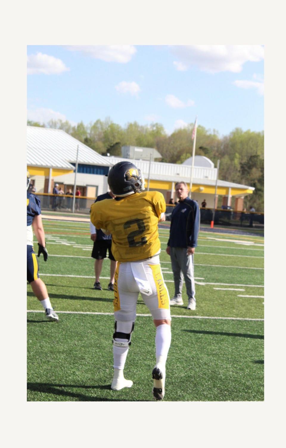 Former South Effingham High School standout quarterback Taylor Jackson throws during spring practice at Reinhardt University in Waleska. Jackson later suffered a torn ACL and will miss the 2022 season.