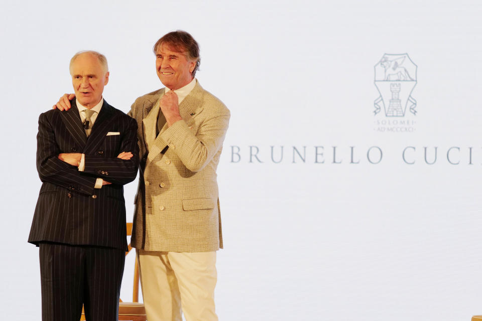 EuroItalia's chairman Giovanni Sgariboldi and Brunello Cucinelli at the presentation of the first Brunello Cucinelli fragrances in Milan.