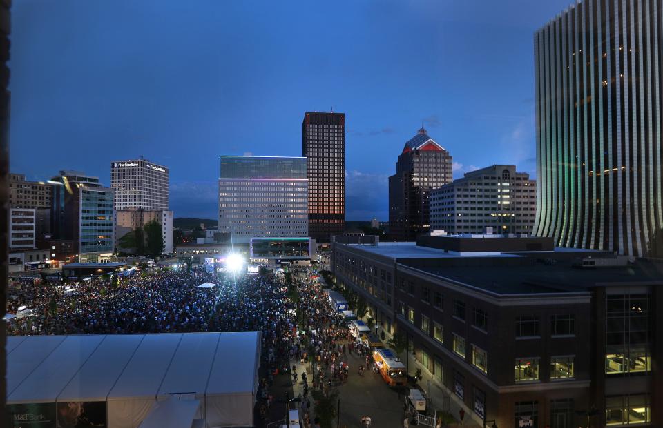 Surrounded by some of downtown's new or rejuvenated buildings, a crowd gathers at Parcel 5 to see Trombone Shorty perform on the final night of the 2018 CGI Rochester International Jazz Festival.