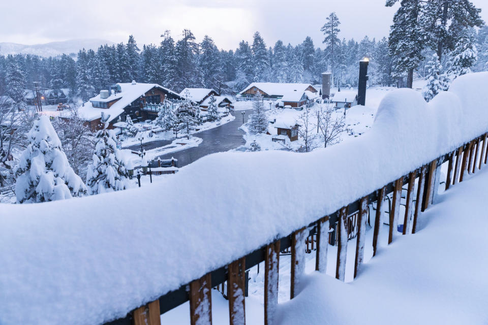 This photo provided by Big Bear Mountain Resort shows a fresh snow fall at Big Bear Mountain Resort in Big Bear Lake, Calif., Friday, Nov. 29, 2019. California is drenched or blanketed in snow after a powerful Thanksgiving storm. Rain and snow showers are continuing in parts of the state Friday, Nov. 29, 2019, while skies are clearing elsewhere. (Big Bear Mountain Resort via AP)