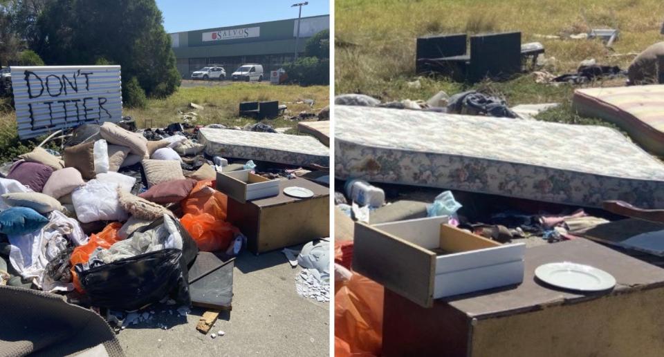 A pile of rubbish including a grubby mattresses outside a Salvos next to a sign saying 'don't litter' 