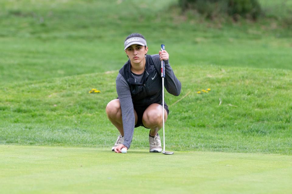 Marlboro's Kashish Malik competes in the Monmouth County girls' high school golf championship at Jumping Brook Country Club in Neptune, NJ Monday April 17, 2023.