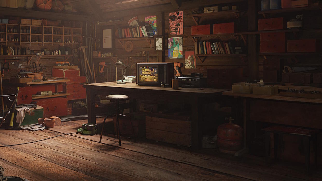  BulletFarm promotional image - a rustic workshop with an old TV on a workbench. 