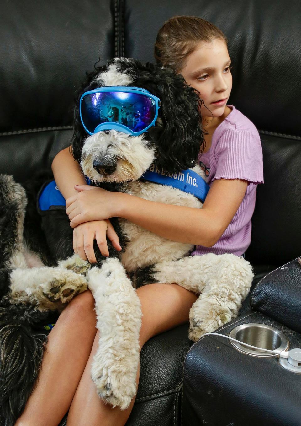 Bosley, the Bernedoodle service dog, is hugged by Lilyana Gischia, Friday, May 19, 2023, in Sheboygan Falls, Wis. Bosley's "super goggles" help him feel confident in new situations, Buggy said.