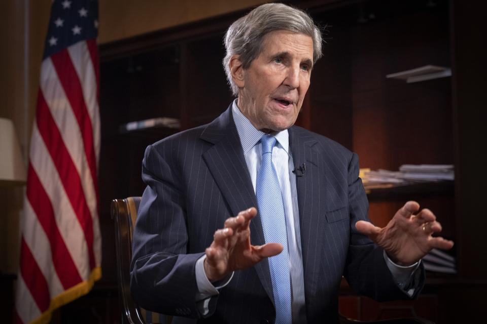 John Kerry, U.S. Special Presidential Envoy for Climate, speaks during an interview with The Associated Press in his office at the State Department, Tuesday, Feb. 6, 2024, in Washington. Kerry feels he’s going out on a high note as he retires from leading U.S. efforts in international negotiations to confront ever-worsening climate change. (AP Photo/Jacquelyn Martin)