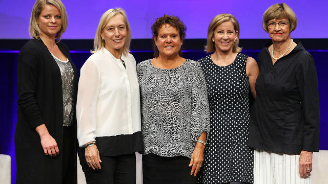 Kim Clijsters, Martina Navratilova, Evonne Goolagong-Cawley, Chris Evert and Margaret Court, pictured here in 2016 at the Australian Open.