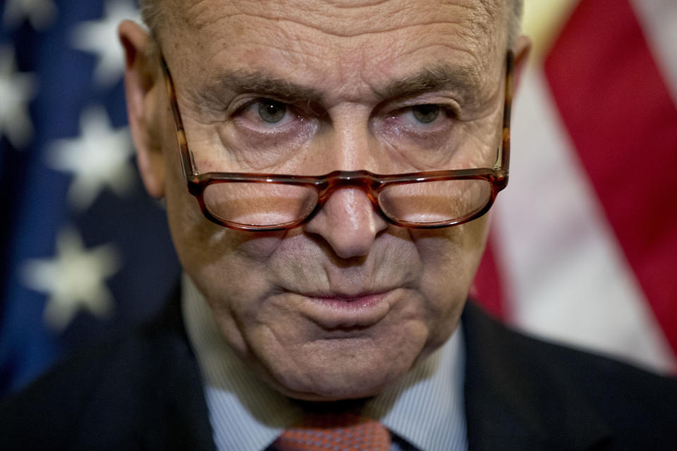 Senate Minority Leader Sen. Chuck Schumer of N.Y., attends a news conference on American labor on Capitol Hill in Washington, Wednesday, Nov. 1, 2017, Trump said on Twitter that the driver in Tuesday’s attack “came into our country through what is called the ‘Diversity Visa Lottery Program,’ a Chuck Schumer beauty” — a reference to the Senate’s Democratic leader. (AP Photo/Andrew Harnik)