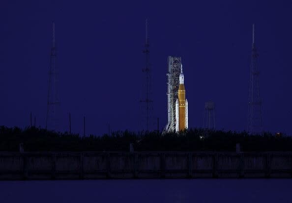 CAPE CANAVERAL, FLORIDA - NOVEMBER 15: NASA's Space Launch System (SLS) rocket with the Orion spacecraft attached sits on launch pad 39B as final preparations are made for the Artemis I mission at NASA's Kennedy Space Center on November 15, 2022 in Cape Canaveral, Florida. NASA is making its third attempt to launch the unmanned Artemis I mission to the moon following a series of technical and weather delays. (Photo by Kevin Dietsch/Getty Images)