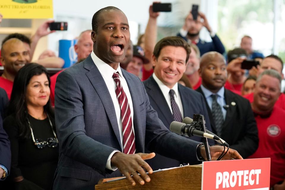 Florida Surgeon Gen. Dr. Joseph A. Ladapo before a bill signing by Gov. Ron DeSantis Thursday, Nov. 18, 2021, in Brandon, Fla. (AP Photo/Chris O'Meara)