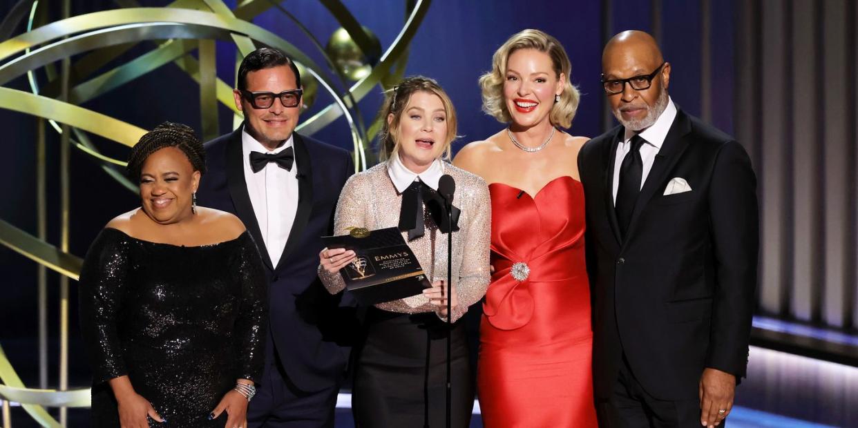chandra wilson, justin chambers, ellen pompeo, katherine heigl and james pickens onstage at the emmy awards 2024